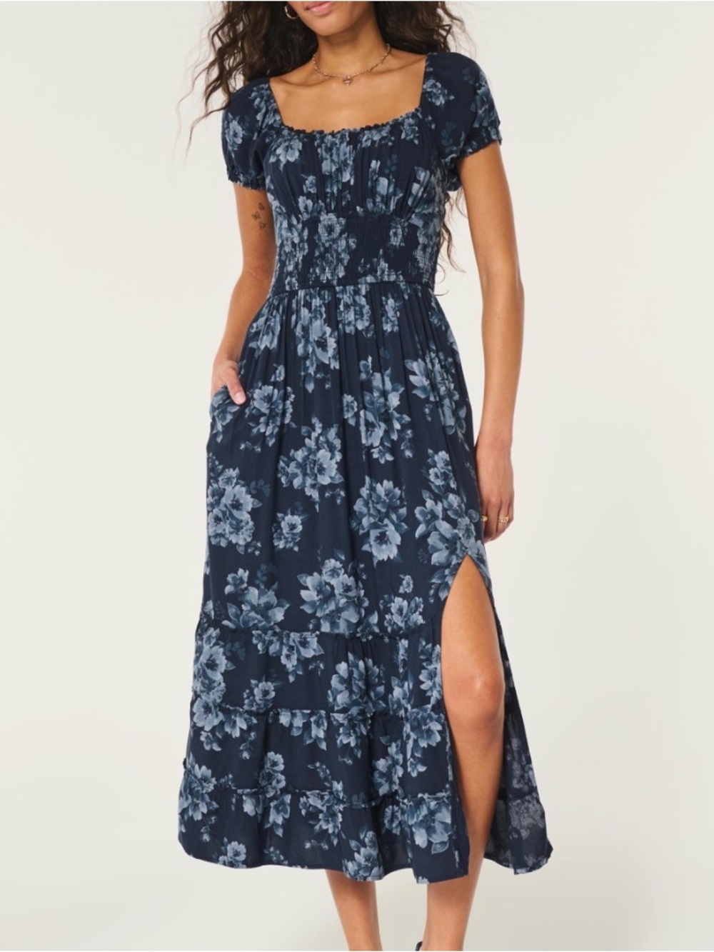 Blue floral midi dress with puff sleeves and back tie